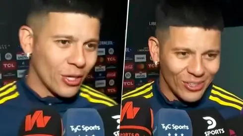 La chicana de Rojo a la hinchada de Racing. (Captura TyC Sports)