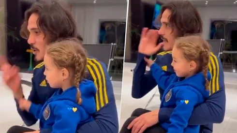 Cavani y su hija India cantando canciones de Boca. Foto: Captura