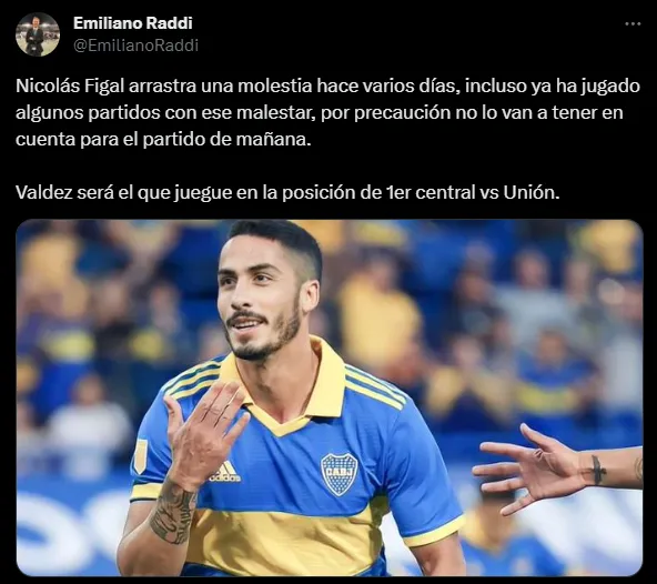 El tuit de Emiliano Raddi sobre Nicolás Figal. (Captura)