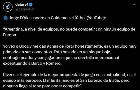 La opinión de Jorge D´alessandro sobre el nivel de Boca. (Captura)