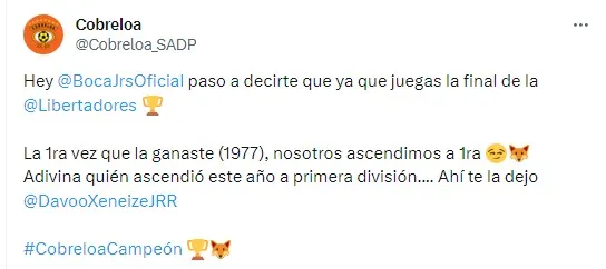 El mensaje de Cobreloa para Boca en Twitter. Foto: Captura
