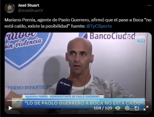 Mariano Pernía, represenante de Paolo Guerrero en 2020 (Fuente: TyC Sports)