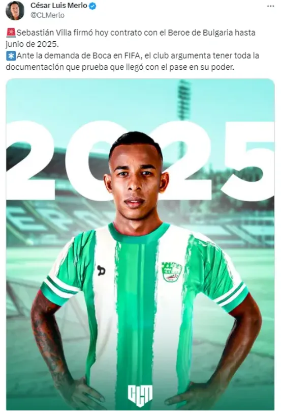 Sebastián Villa fue presentado como refuerzo del Beroe de Bulgaria. (Captura)