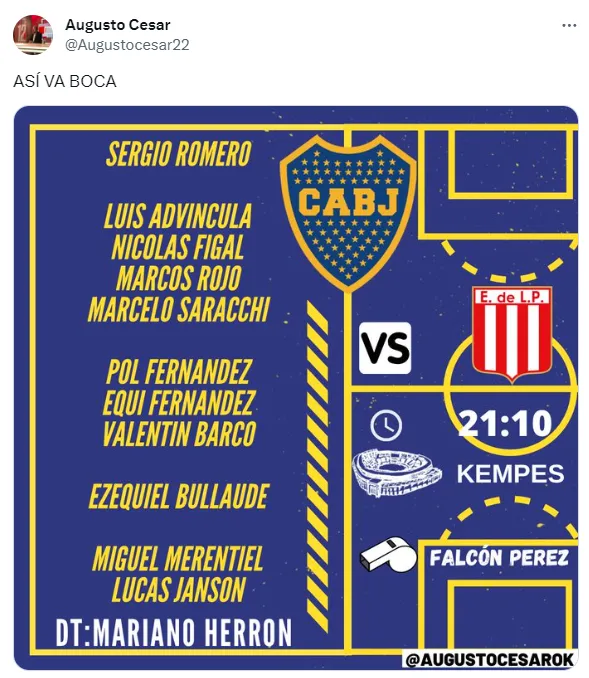 El once confirmado de Boca vs. Estudiantes de la Plata (Captura Augusto Cesar)