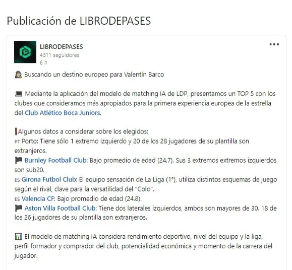 Publicación de Linkedin de “LIBRODEPASES”