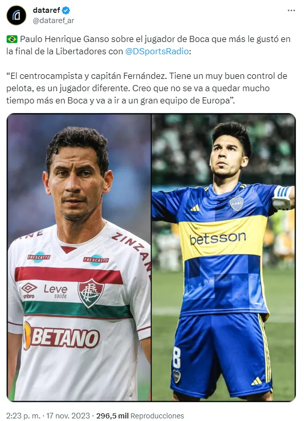 El elogio de Ganso a Pol Fernández. (Captura)