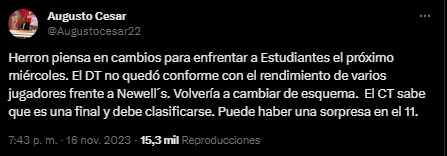 El entrenador haría cambios para la Copa Argentina.