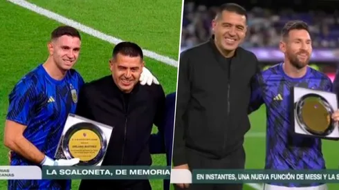 Juan Román Riquelme estuvo presente en el homenaje a Lionel Messi y Emiliano Martínez. (Captura)