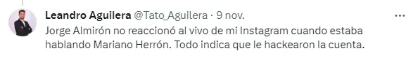 La aclaración de Leandro Aguilera sobre lo sucedido. (Captura)