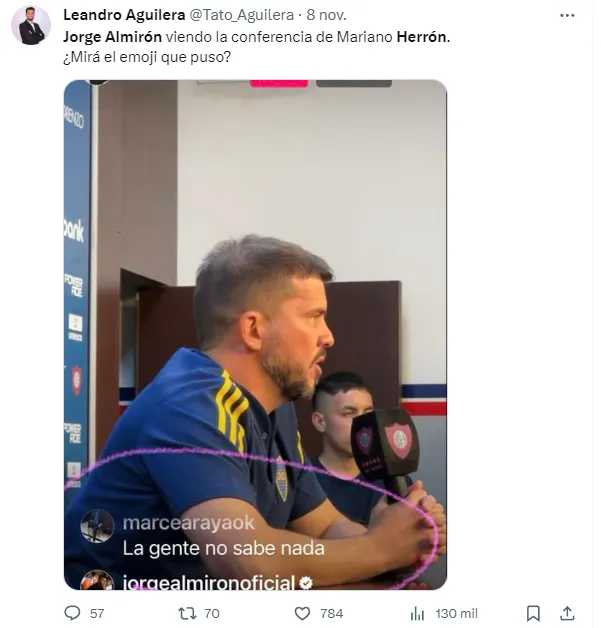 La reacción de Jorge Almirón. (Captura)