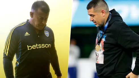 La charla entre Riquelme y Almirón (Getty)