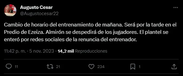 Augusto César confirmó que Almirón se despedirá del plantel de Boca por la tarde.