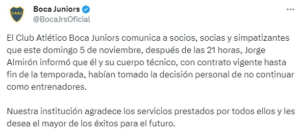 El comunicado de Boca. (Captura)