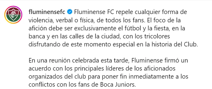 El comunicado de Fluminense. (Captura)