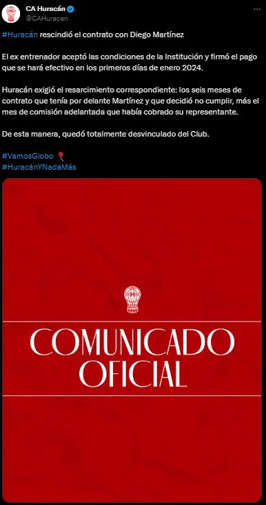 El comunicado de Huracán.