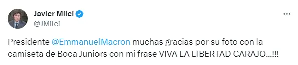 El mensaje de Javier Milei a Emmanuel Macron. (Captura)