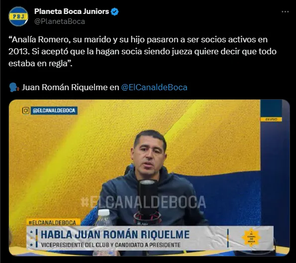 La opinión de Juan Román Riquelme acerca de la nueva jueza en el caso de las elecciones. (Captura)
