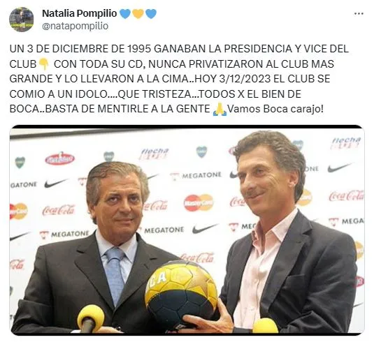 El tweet de Natalia Pompilio tras el discurso de Riquelme. Foto: Captura