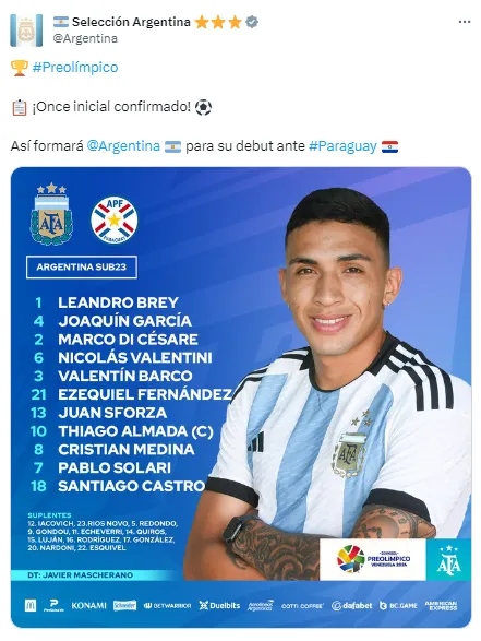 El equipo titular de la Selección Argentina Sub 23. (Captura)