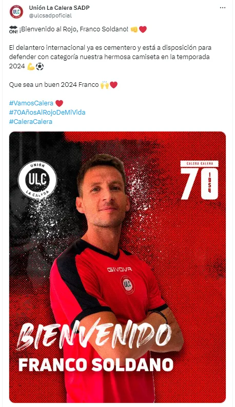 Franco Soldano es nuevo refuerzo de Unión la Calera. (Captura)