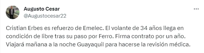 Erbes es refuerzo del Emelec de Ecuador. (Captura)