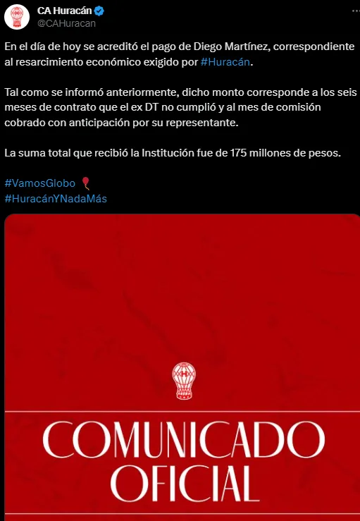 Diego Martínez le pagó a Huracán.