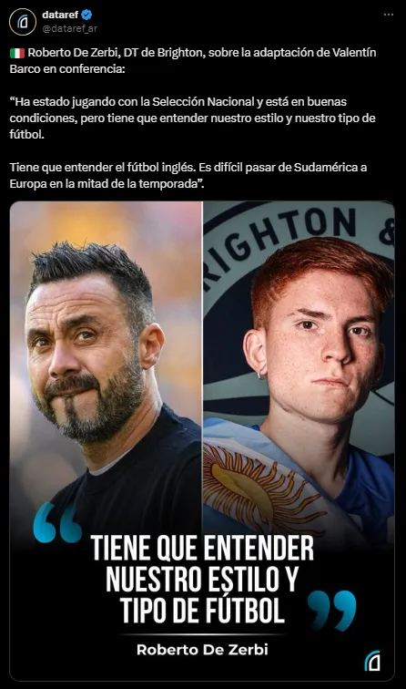 Roberto De Zerbi habló de Valentín Barco. (Captura)