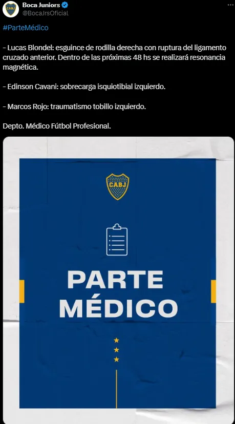 Boca dio el parte médico de las lesiones ante San Lorenzo.