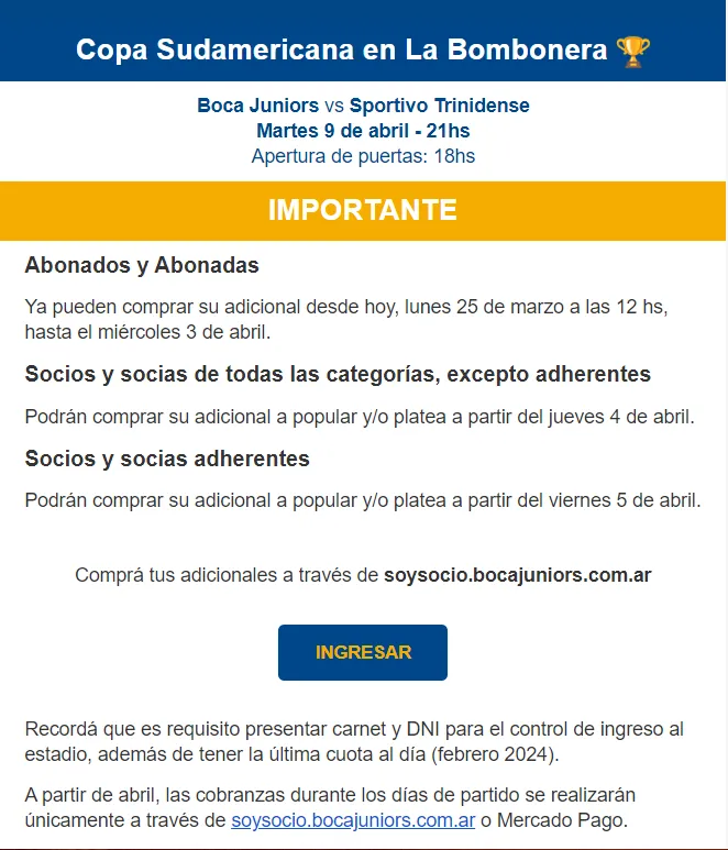 Boca notificó a sus socios sobre la compra de entradas para la Copa Sudamericana.