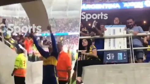 Marcos Rojo regalandole el cheque de Copa Argentina a una hincha de Boca