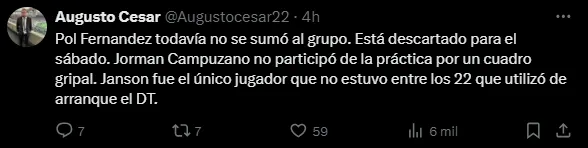 Pol Fernández no jugará vs. Central Norte. (Captura)