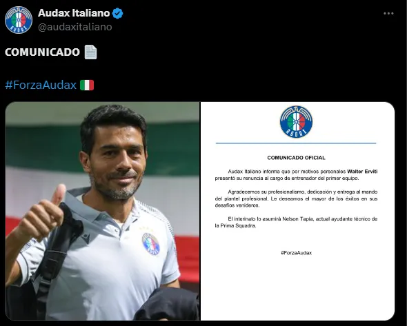 Walter Erviti no seguirá al frente de Audax Italiano. (Captura)
