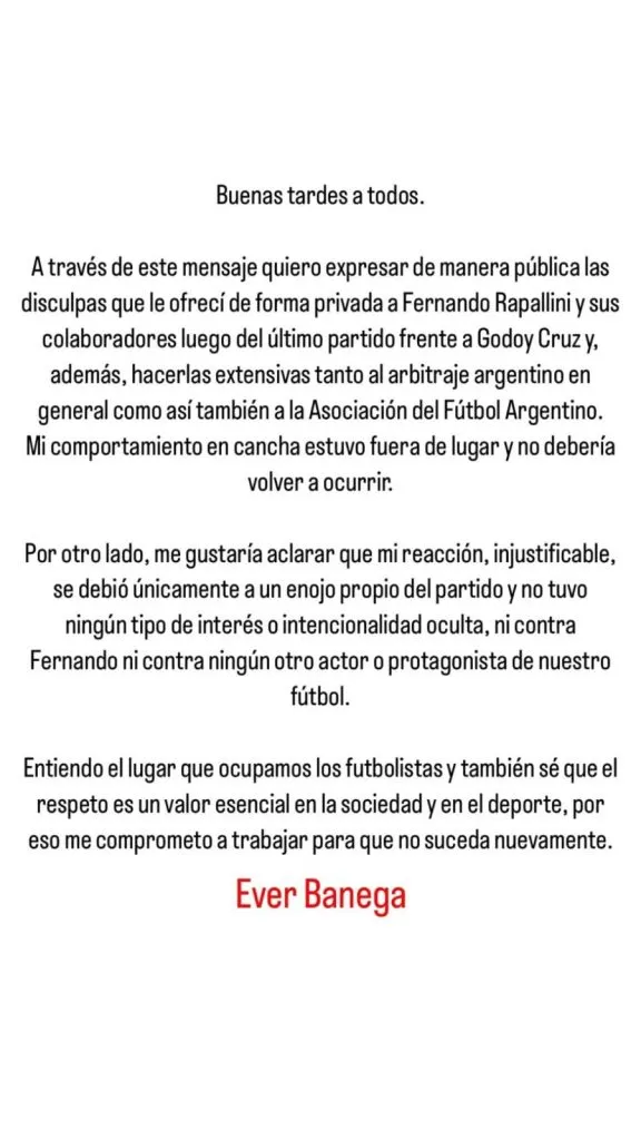El mensaje de Banega en Instagram.