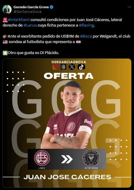 Juan José Cáceres es seguido por Inter Miami. (Captura)