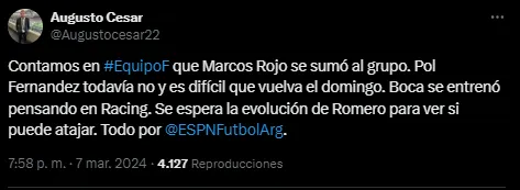 Rojo podría estar disponible pero Pol Fernández no.