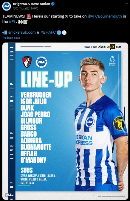 Barco titular otra vez en Brighton. (Captura)