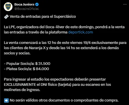 Los precios para asistir al Superclásico. (Captura)