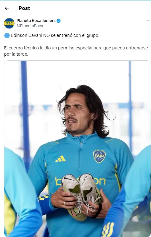 Cavani, ausente en el entrenamiento.