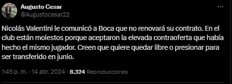 Valentini no quiere renovar contrato con Boca.
