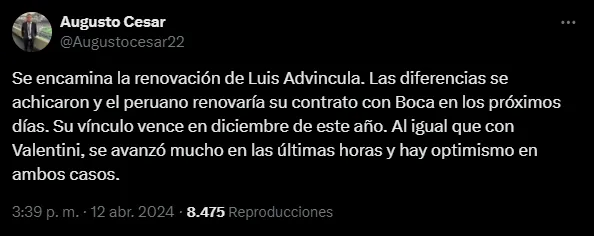Luis Advínucla renovaría su contrato con Boca. (Captura)