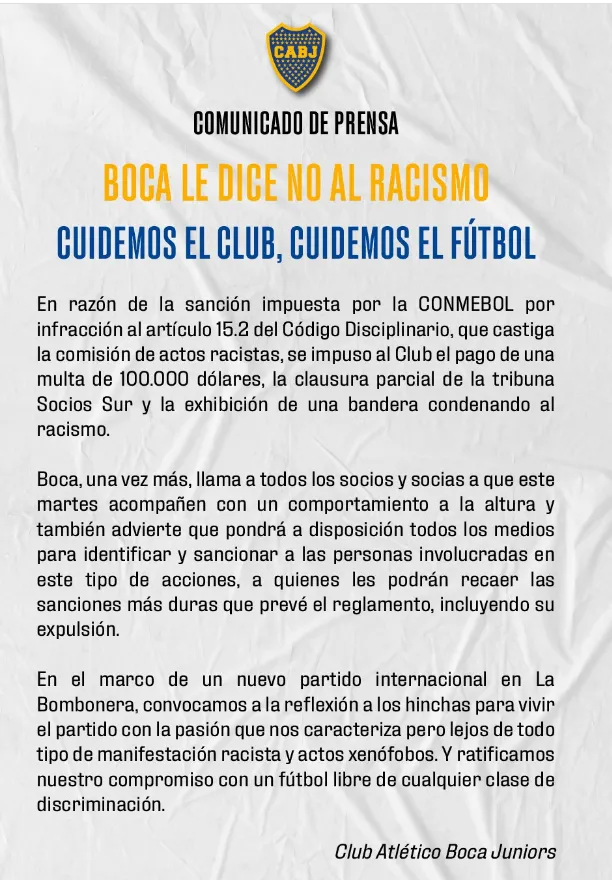 El comunicado que publicó Boca en sus redes.