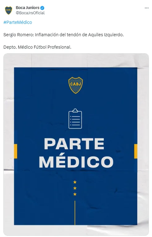 El parte médico de Sergio Romero. (Prensa CABJ)