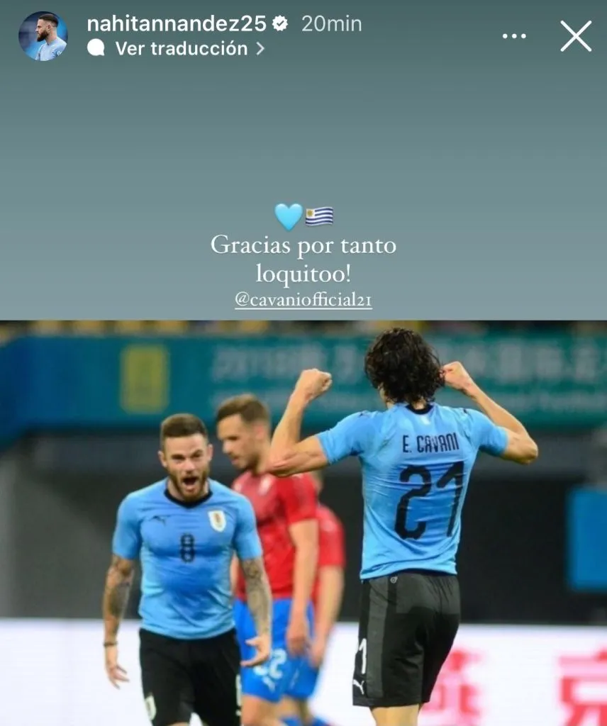 El mensaje de Nández para Cavani. (Captura)