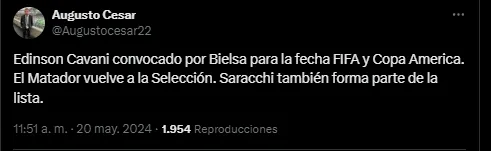 Cavani y Saracchi, convocados por Bielsa.