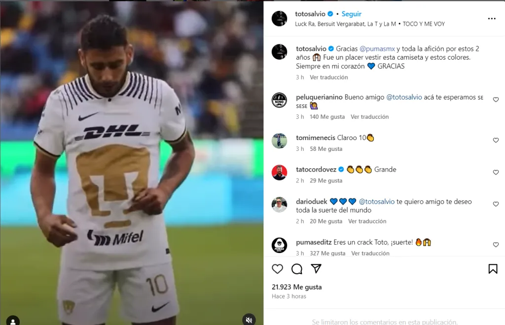 Salvio se despidió de Pumas.