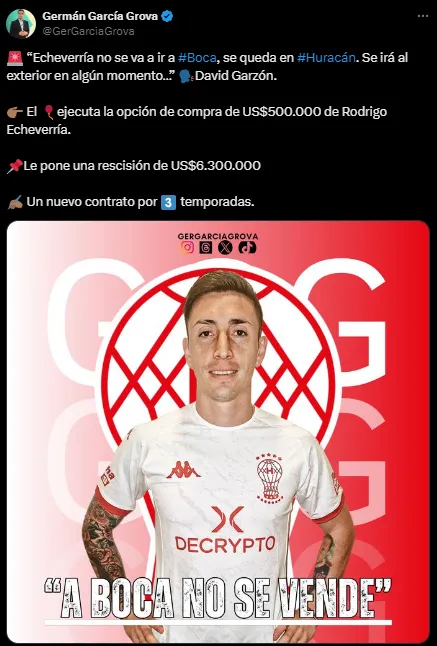 Echeverría se queda en Huracán. (Captura)