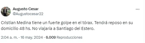 Cristian Medina sufrió un golpe en el tórax.