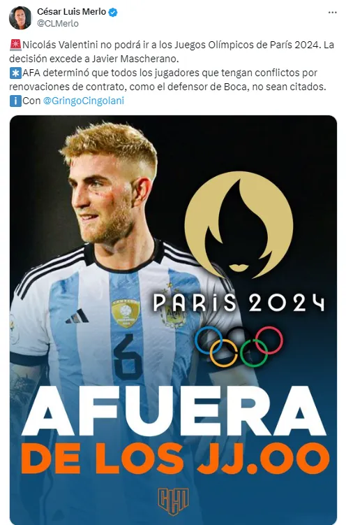 Valentini, afuera de París 2024.