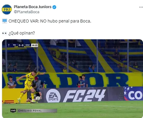 El penal no cobrado a Boca. (Twitter: Planeta Boca Juniors)