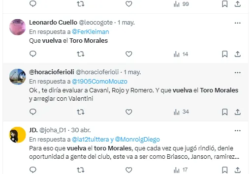 Los hinchas piden el regreso del Toro Morales.